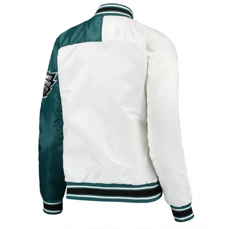 Philadelphia Eagles Hometown Full-Snap Varsity Midnight Green and White Satin Men's Bomber Jacket