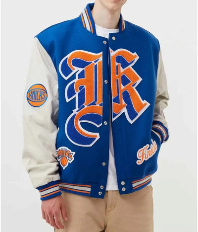 New York Knicks Varsity Blue Wool & White Genuine Leather Sleeves Men's Letterman Jacket