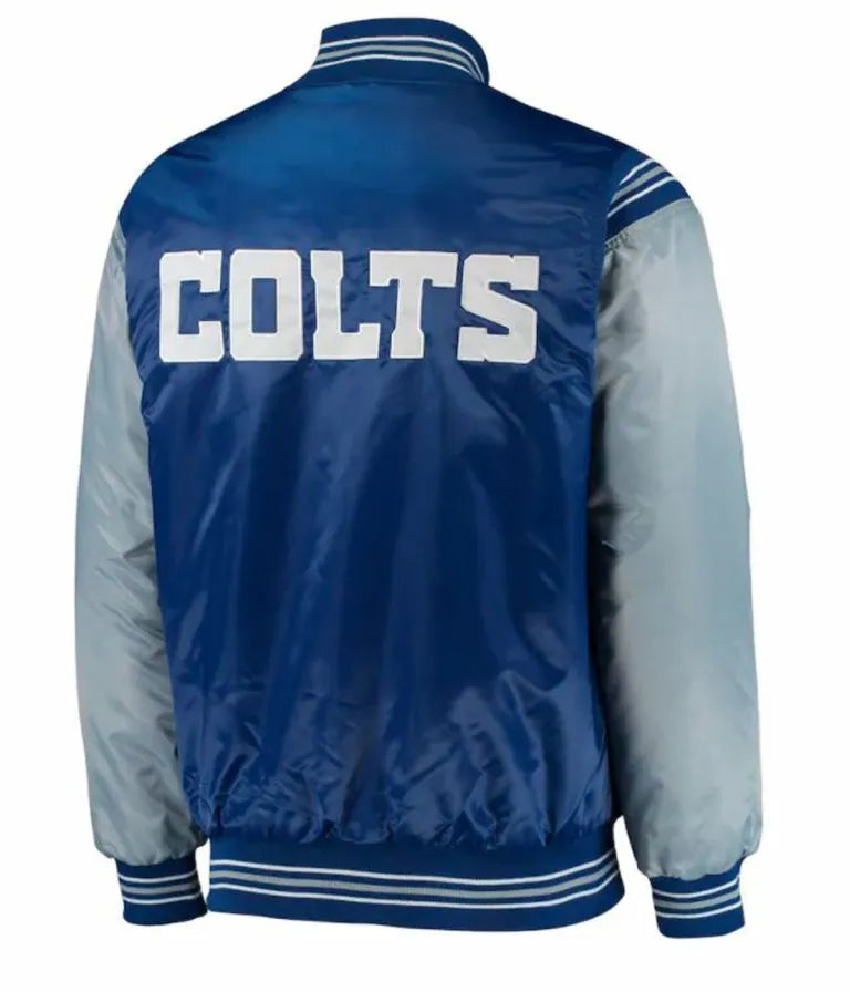 Indianapolis Colts Full-Snap Varsity Grey and Blue Satin Men's Bomber Jacket