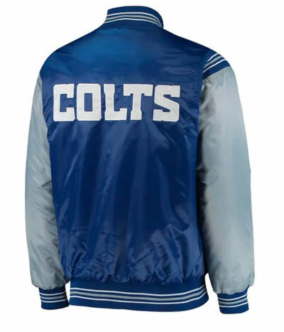 Indianapolis Colts Full-Snap Varsity Grey and Blue Satin Men's Bomber Jacket