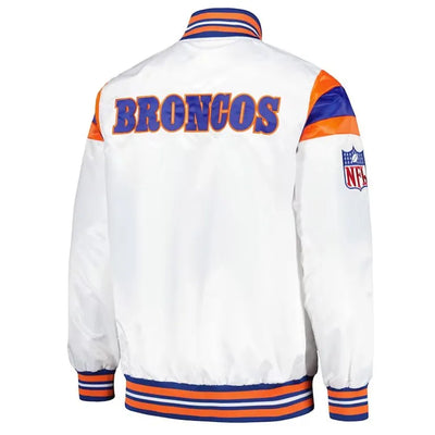 Denver Broncos Midweight Full-Snap Varsity White Satin Men's Bomber Jacket