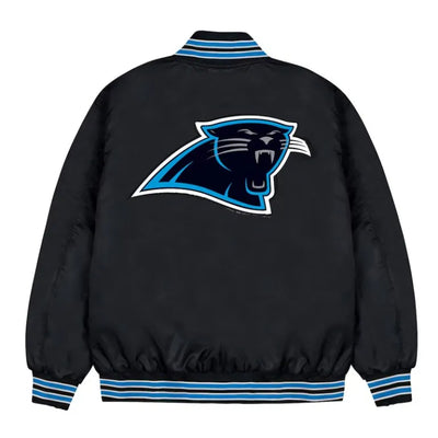 Carolina Panthers Blue Rib Full-Snap Varsity Black Satin Men's Bomber Jacket