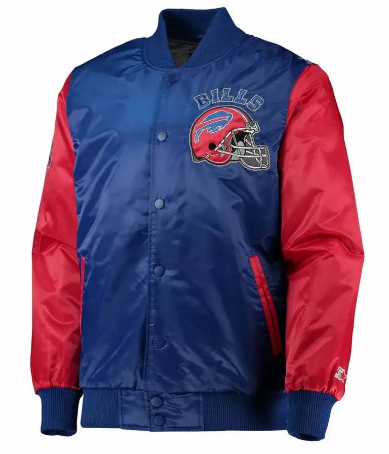 Buffalo Bills Locker Room Throwback Full-Snap Varsity Royal Blue and Red Satin Men's Bomber Jacket