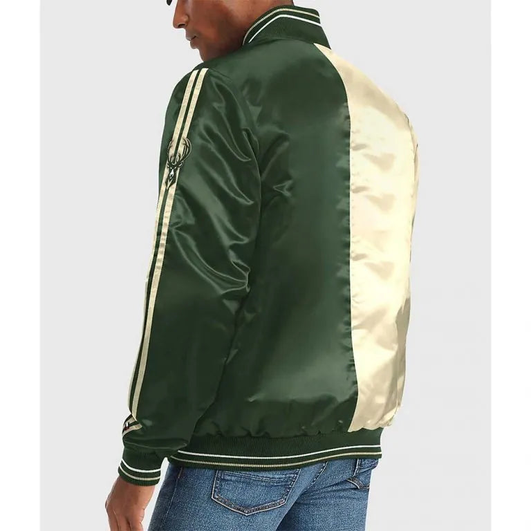 Milwaukee Bucks Full-Snap Varsity Off White and Green Satin Men's Bomber Jacket