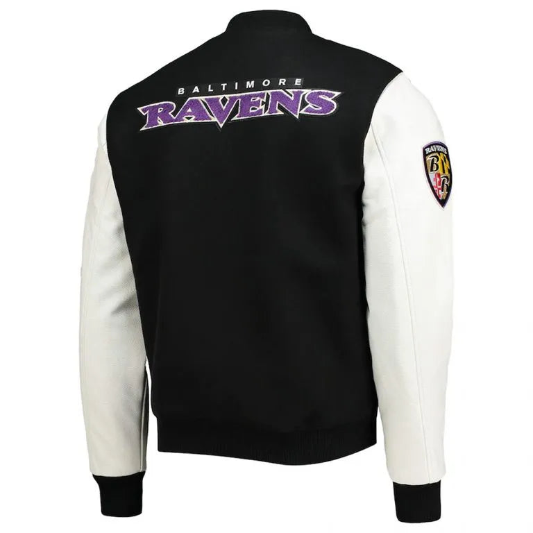 Baltimore Ravens Logo Black Wool and White Leather Sleeves Varsity Men's Jacket