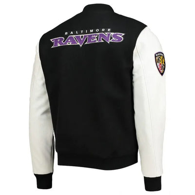 Baltimore Ravens Logo Black Wool and White Leather Sleeves Varsity Men's Jacket