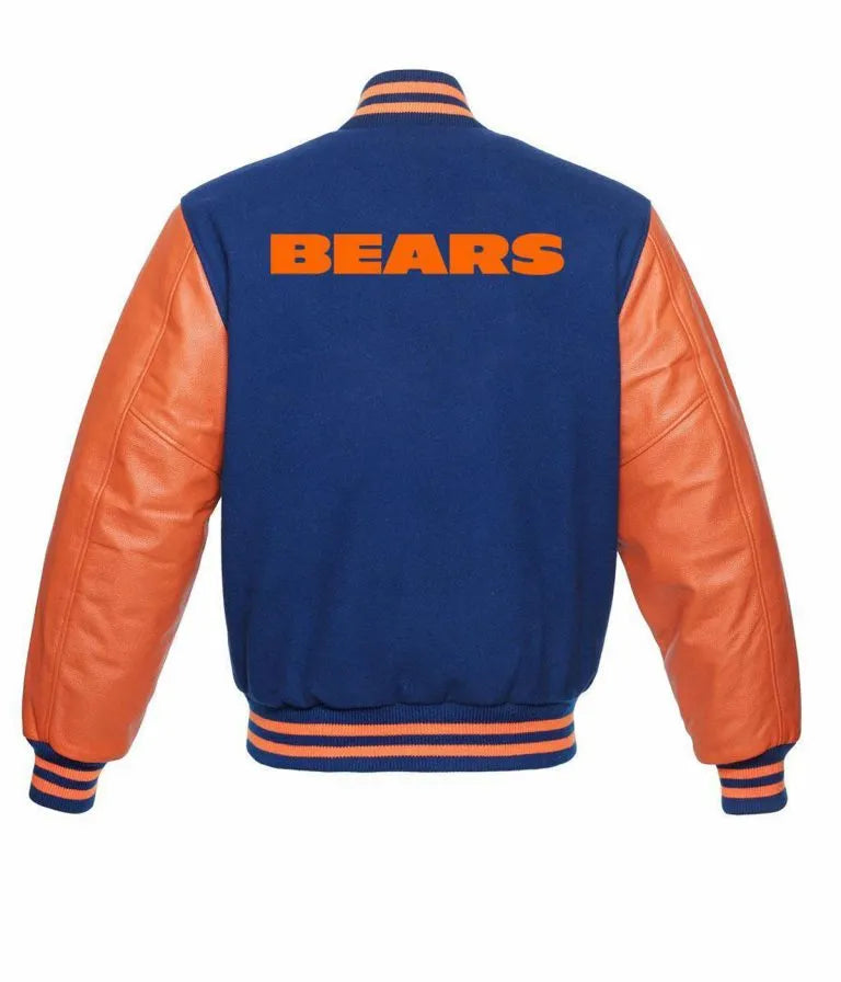 Chicago Bears Blue Wool & Orange Genuine Leather Sleeves Full-Snap Men's Varsity Jacket