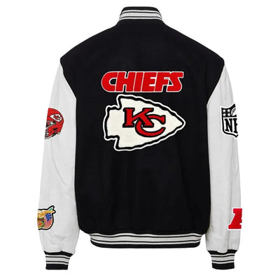 JH Kansas City Chiefs Black Wool and White Genuine Leather Sleeves Men's Varsity Letterman Jacket