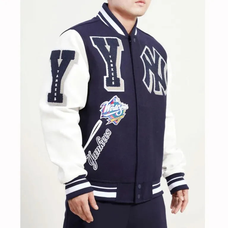 New York Yankees Mash Up Blue Wool & White Leather Sleeves Full-Zip Varsity Men's Jacket