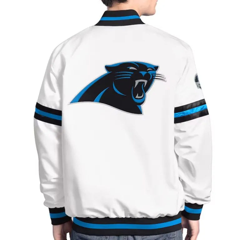 Carolina Panthers Scout Full-Snap Varsity White Satin Men's Bomber Jacket