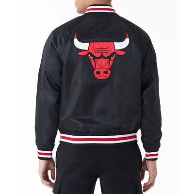Chicago Bulls Applique Full-Snap Varsity Black Satin Men's Bomber Jacket