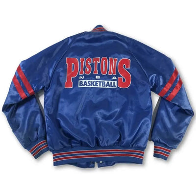Detroit Pistons Pick and Roll Full-Snap Varsity Blue Satin Men's Bomber Jacket