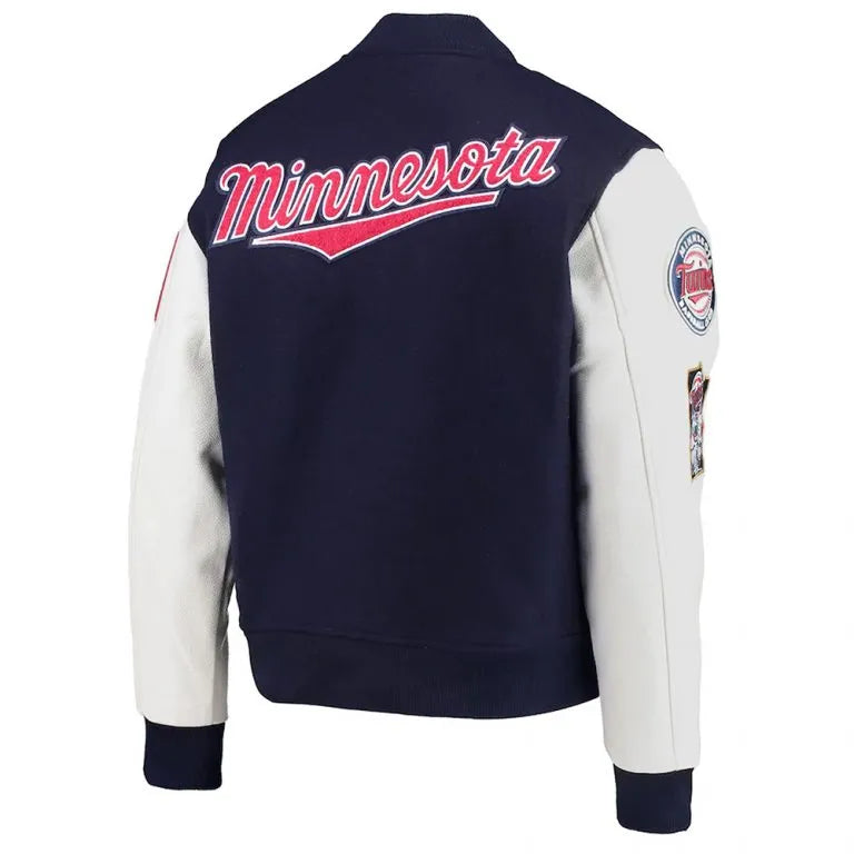 Minnesota Twins Navy Blue Wool & White Leather Sleeves Varsity Men's Jacket