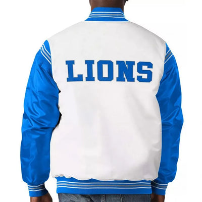 Detroit Lions Historic Logo Renegade Full-Snap Varsity Blue and White Satin Men's Bomber Jacket