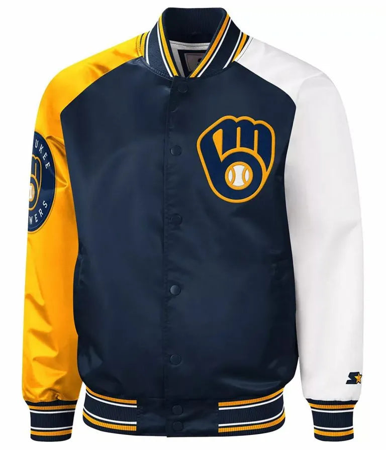 Milwaukee Brewers Reliever Navy Blue and Yellow Satin Full Snap Men's Jacket