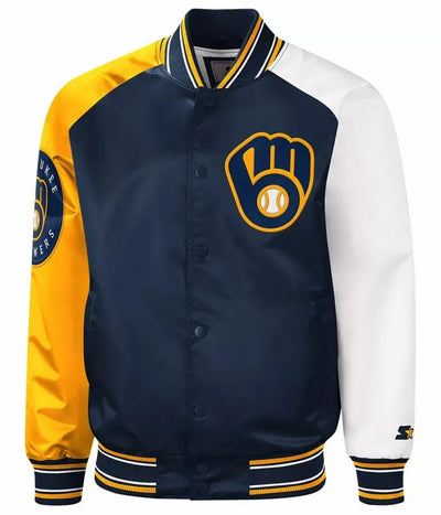 Milwaukee Brewers Reliever Navy Blue and Yellow Satin Full Snap Men's Jacket