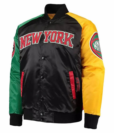 New York Knick Ty Mopkins Full-Snap Varsity Multi Color Satin Men's Bomber Jacket