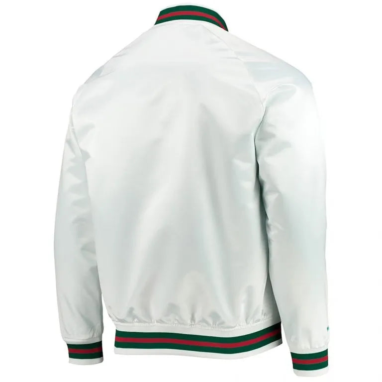 Milwaukee Bucks Hardwood Classics Full-Snap Varsity White Satin Men's Bomber Jacket