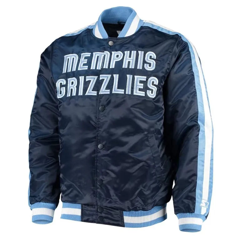 Memphis Grizzlies The Offensive Full-Snap Varsity Navy Blue Satin Men's Bomber Jacket