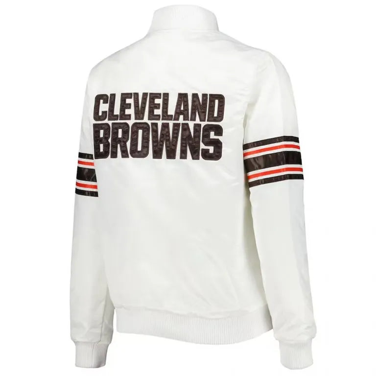Cleveland Browns Line Up Full-Snap Varsity White Satin Men's Bomber Jacket