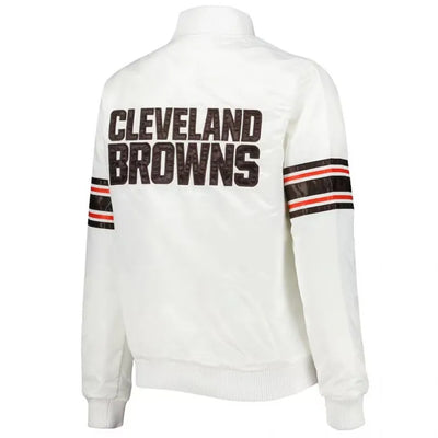 Cleveland Browns Line Up Full-Snap Varsity White Satin Men's Bomber Jacket