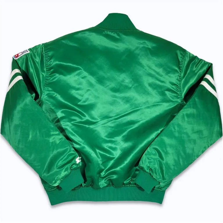 80s New York Jets Striped Full-Snap Varsity Green Satin Men's Bomber Jacket