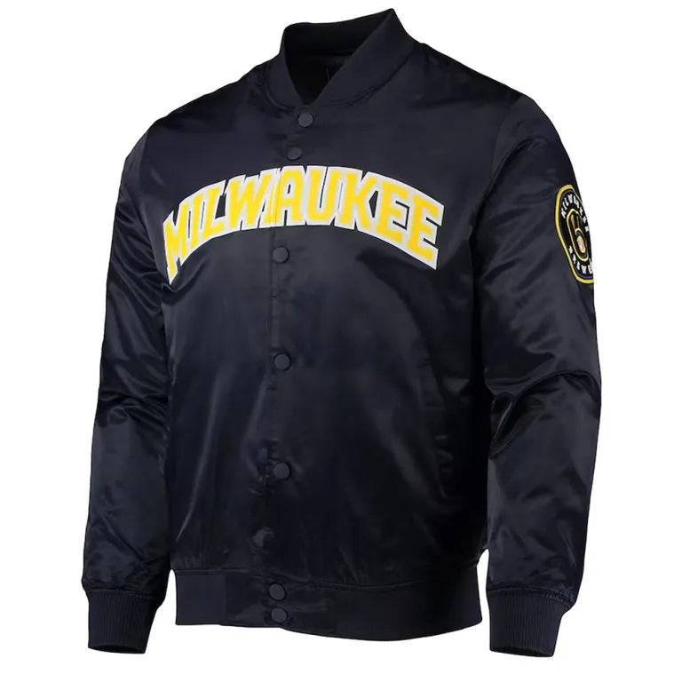 Milwaukee Brewers Wordmark Navy Blue Full Snap Satin Men's Jacket