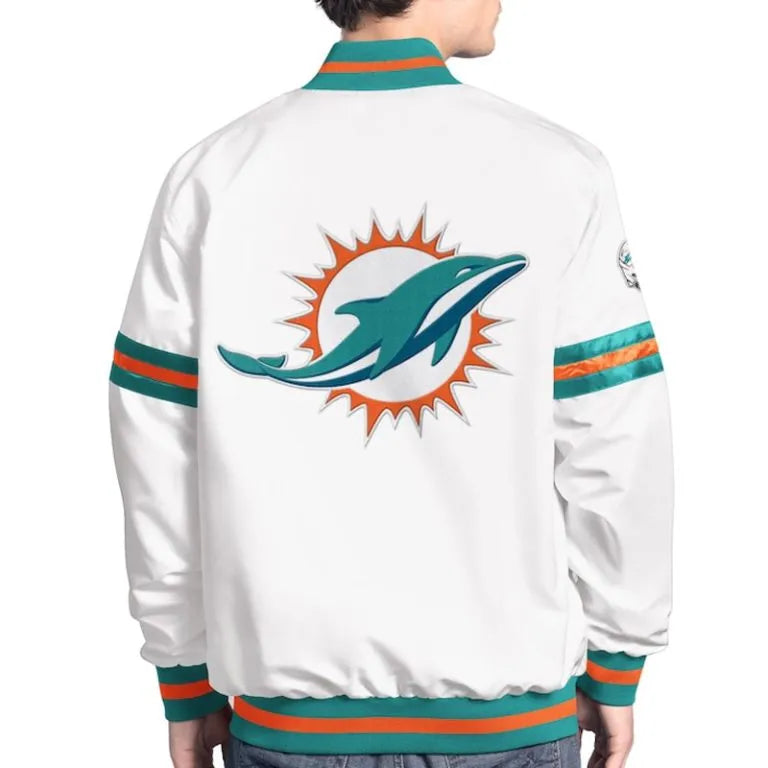 Miami Dolphins Full-Snap Varsity White Satin Men's Bomber Jacket