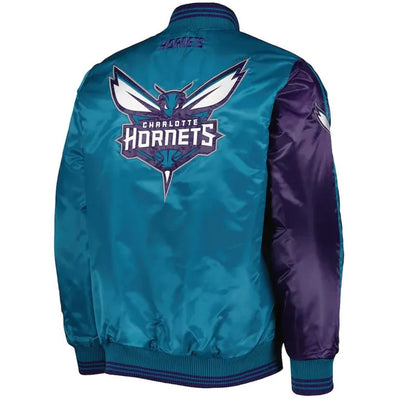 Charlotte Hornets Fast Break Full-Snap Varsity Purple/Teal Satin Men's Bomber Jacket