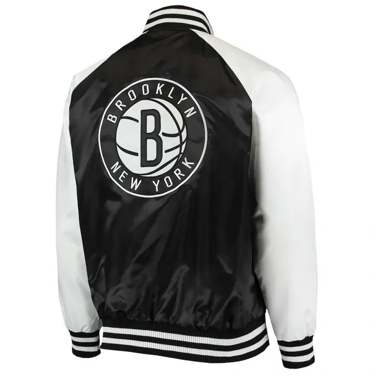 Brooklyn Nets Point Guard Full-Snap Varsity Black/White Satin Men's Bomber Jacket