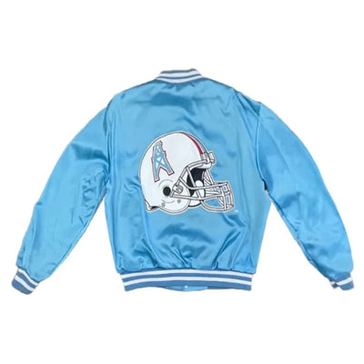 90’s Houston Oilers Full-Snap Varsity Light Blue Satin Men's Bomber Jacket