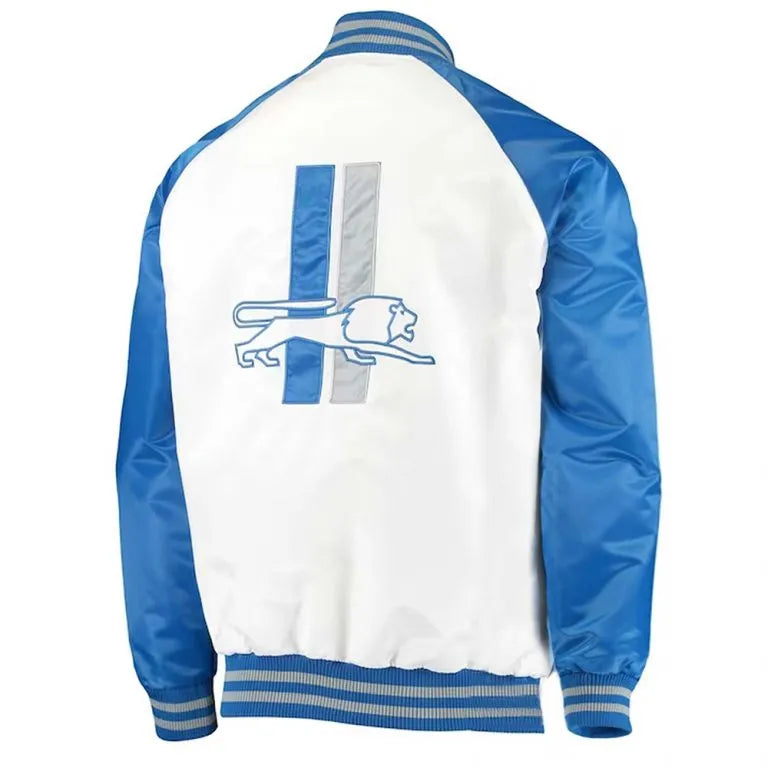 Detroit Lions Clean Up Throwback Full-Snap Varsity White/Blue Satin Men's Bomber Jacket