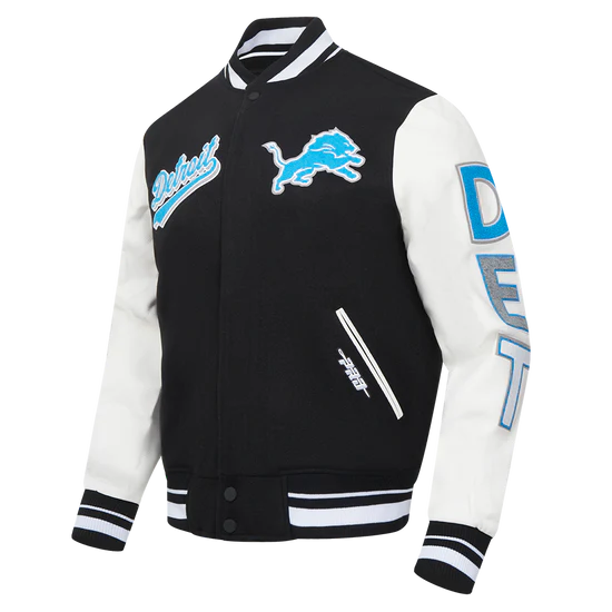 Detroit Lions Script Tail Black Wool & White Genuine Leather Sleeves Men's Varsity Jacket