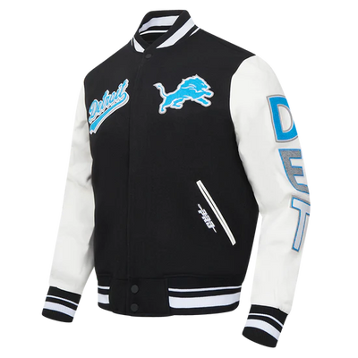 Detroit Lions Script Tail Black Wool & White Genuine Leather Sleeves Men's Varsity Jacket