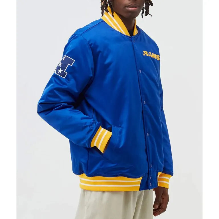 Los Angeles Rams Heavyweight Full-Snap Varsity Blue Satin Men's Bomber Jacket