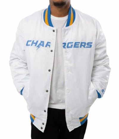 Los Angeles Chargers Full-Snap Varsity White Satin Men's Bomber Jacket