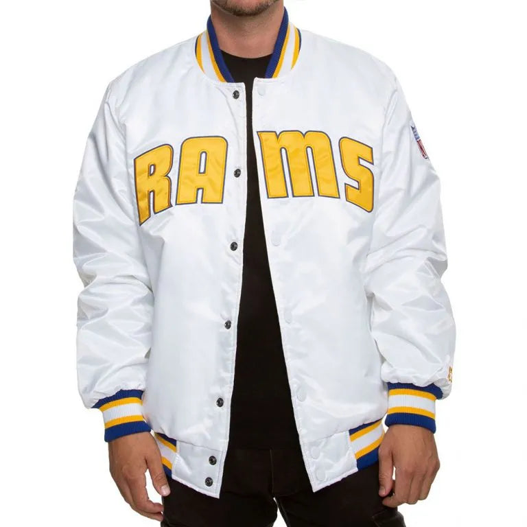 Los Angeles Rams Full-Snap Varsity White Satin Men's Bomber Jacket