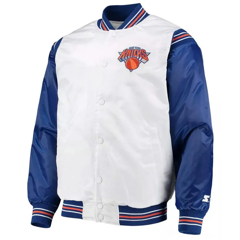 New York Knick Renegade Full-Snap Varsity White & Blue Satin Men's Bomber Jacket