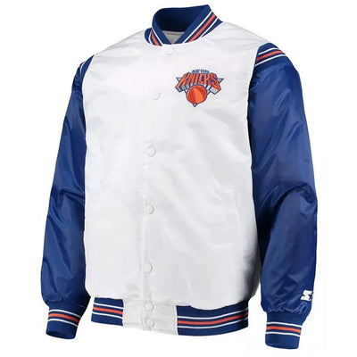 New York Knick Renegade Full-Snap Varsity White & Blue Satin Men's Bomber Jacket