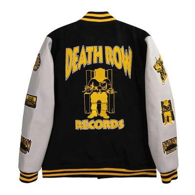 Death Row Records Collegiate Black Wool & White Genuine Leather Sleeves Men's Letterman Varsity Jacket