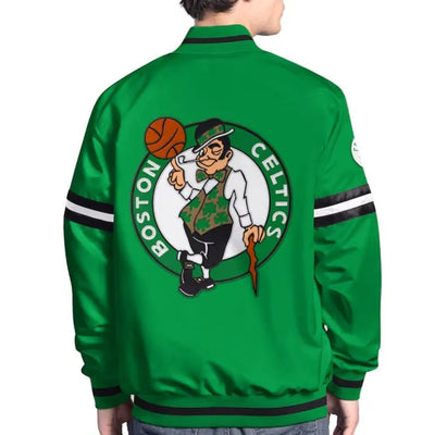 Boston Celtics Scout Full-Snap Varsity Green Satin Men's Bomber Jacket