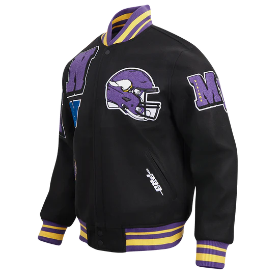 Minnesota Vikings Mashup Classic Rib Black Wool and Genuine Leather Sleeves Men's Varsity Letterman Jacket