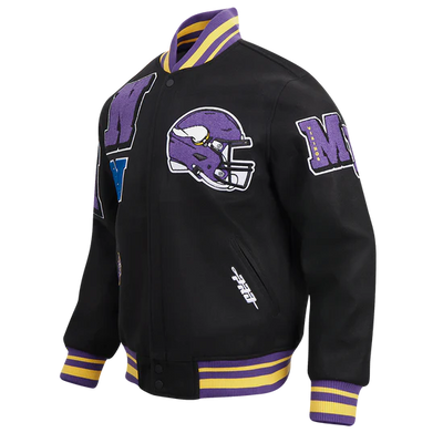 Minnesota Vikings Mashup Classic Rib Black Wool and Genuine Leather Sleeves Men's Varsity Letterman Jacket