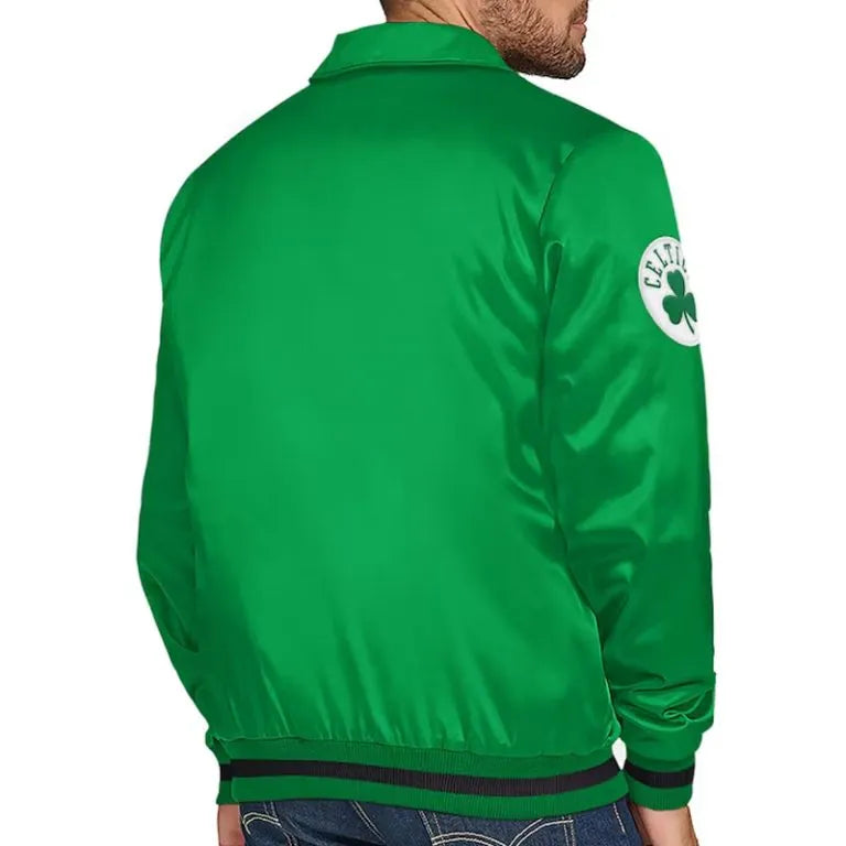 Boston Celtics Stitch Applique Full-Snap Varsity Kelly Green Satin Men's Bomber Jacket