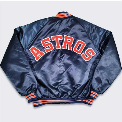 80s Houston Astros Full-Snap Navy Blue Satin Bomber Men's Jacket