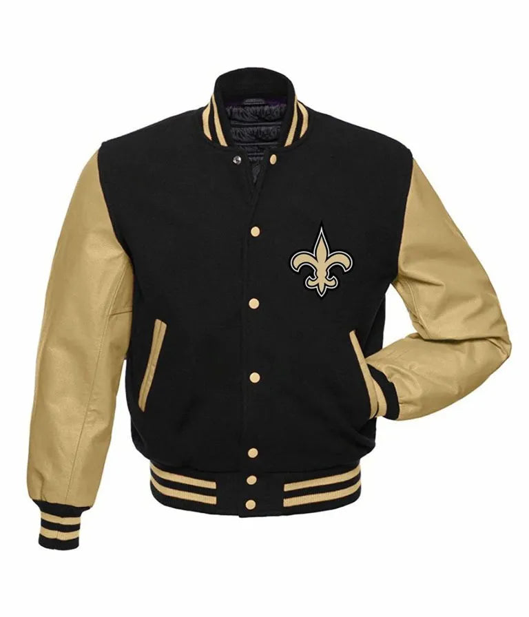 New Orleans Saints Logo Mash Up Black Wool & Gold Genuine Leather Sleeves Men's Varsity Letterman Jacket