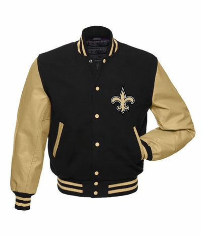 New Orleans Saints Logo Mash Up Black Wool & Gold Genuine Leather Sleeves Men's Varsity Letterman Jacket