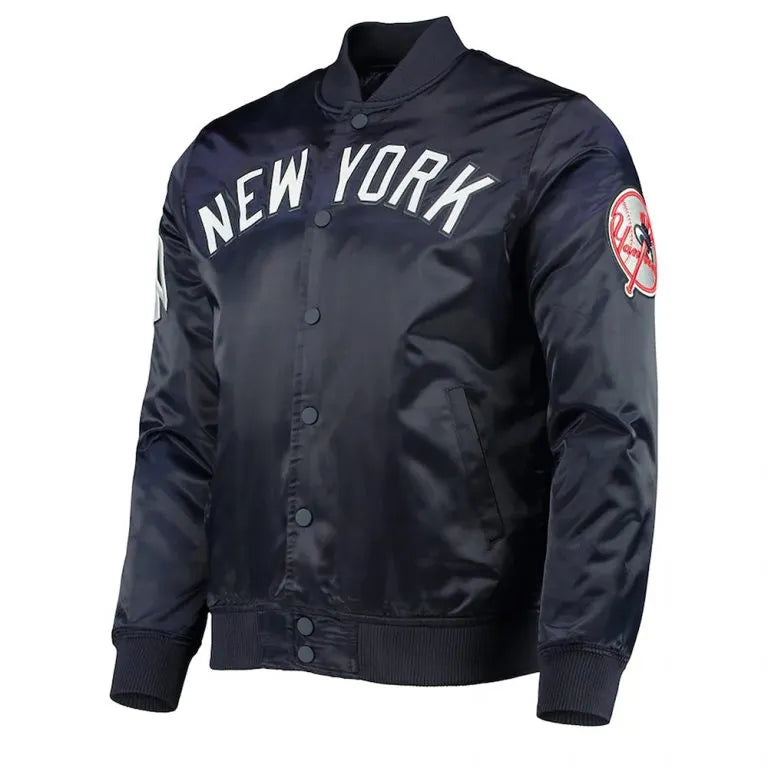 New York Yankees Wordmark Full-Snap Navy Blue Satin Bomber Men's Jacket