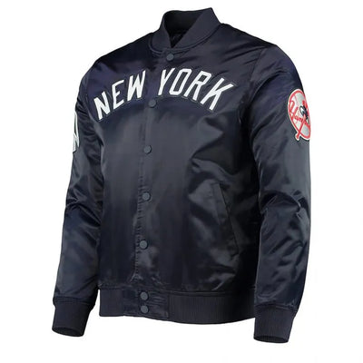 New York Yankees Wordmark Full-Snap Navy Blue Satin Bomber Men's Jacket