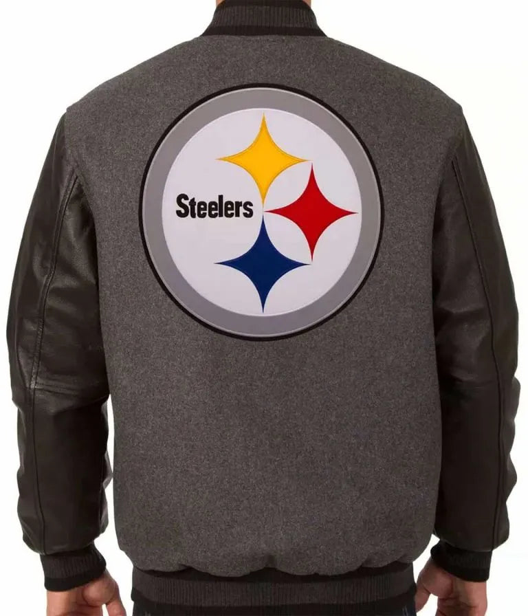 Pittsburgh Steelers Gray Wool & Black Genuine Leather Sleeves Men's Varsity Letterman Jacket